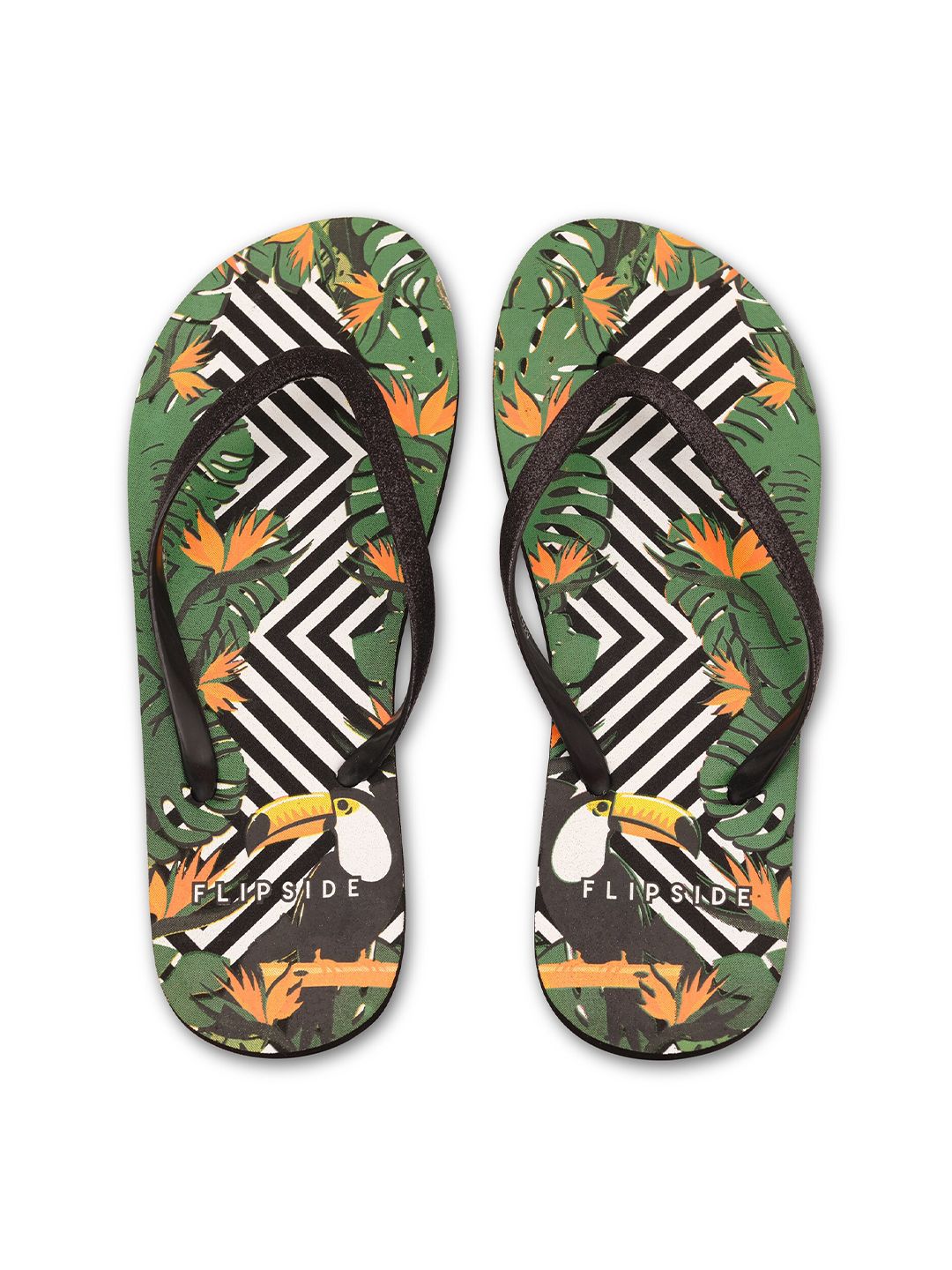 Flipside Women Black & Green Printed Thong Flip-Flops Price in India