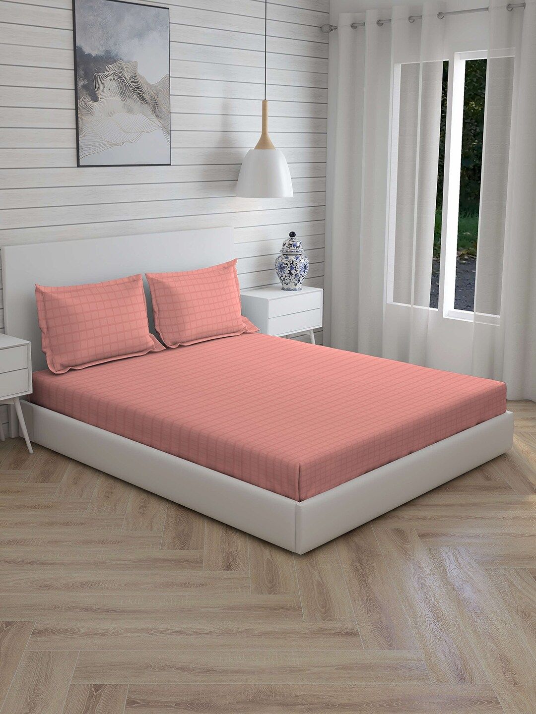 Boutique Living India Coral Geometric 210 TC Cotton 1 King Bedsheet with 2 Pillow Covers Price in India