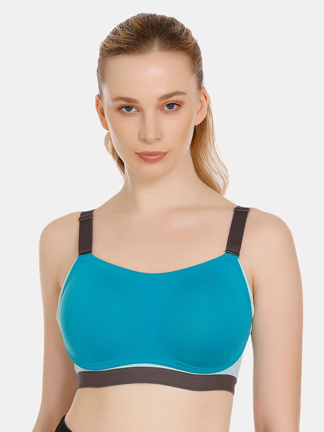 Zelocity by Zivame Blue & Brown Colourblocked Non-Wired Lightly Padded Workout Bra ZC4330FASHABLUE Price in India