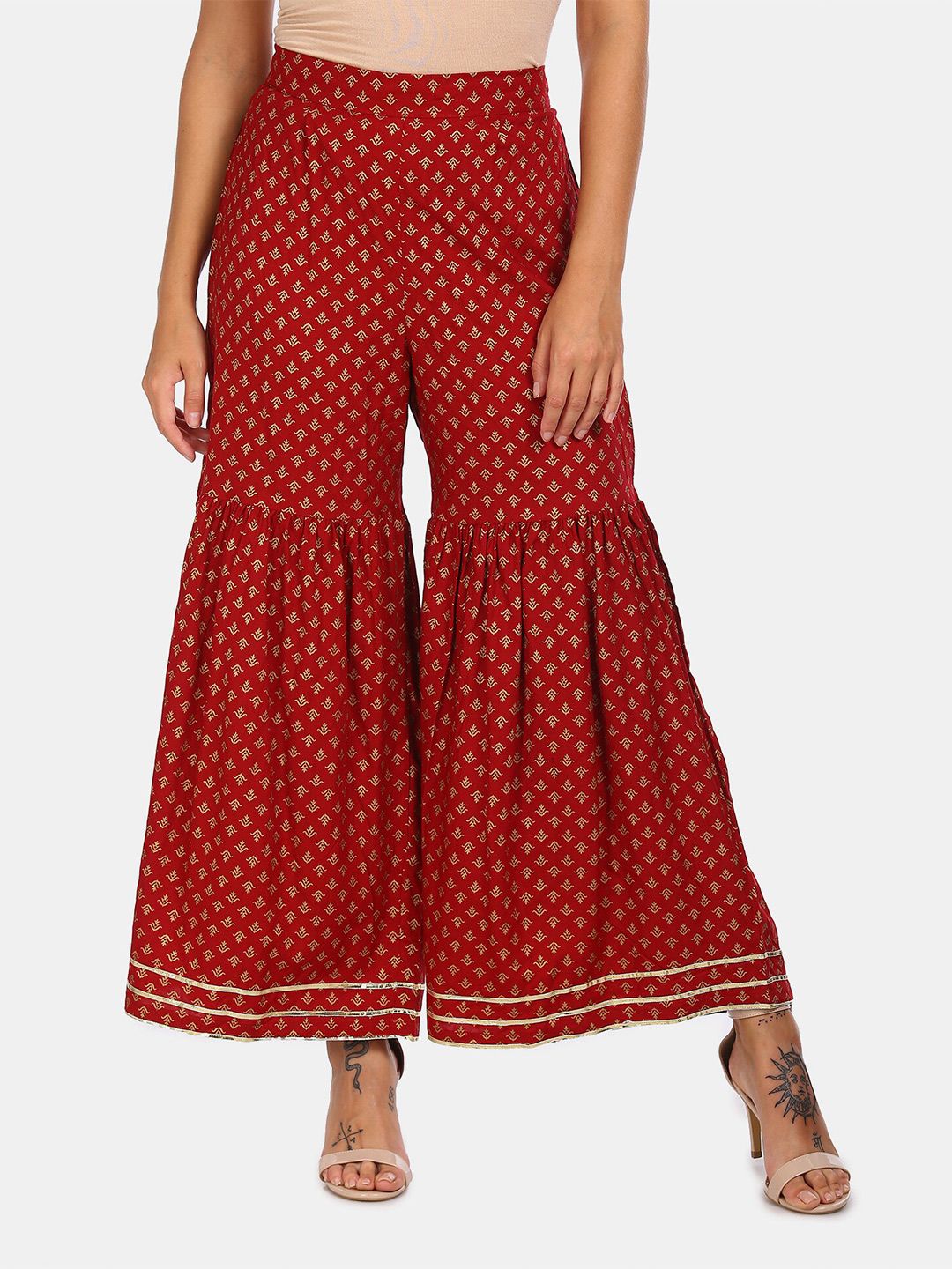 Anahi Women Maroon & Gold-Toned Printed Straight Palazzos Price in India