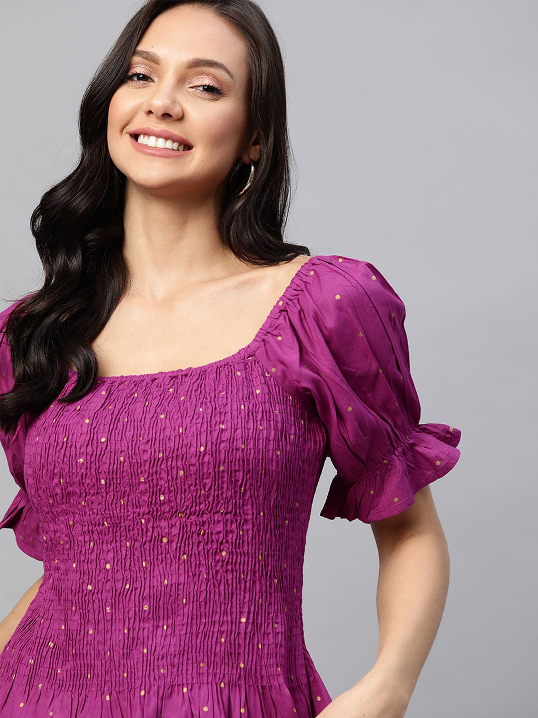 HERE&NOW Purple & Yellow Puff Sleeve Smocked A-Line Top