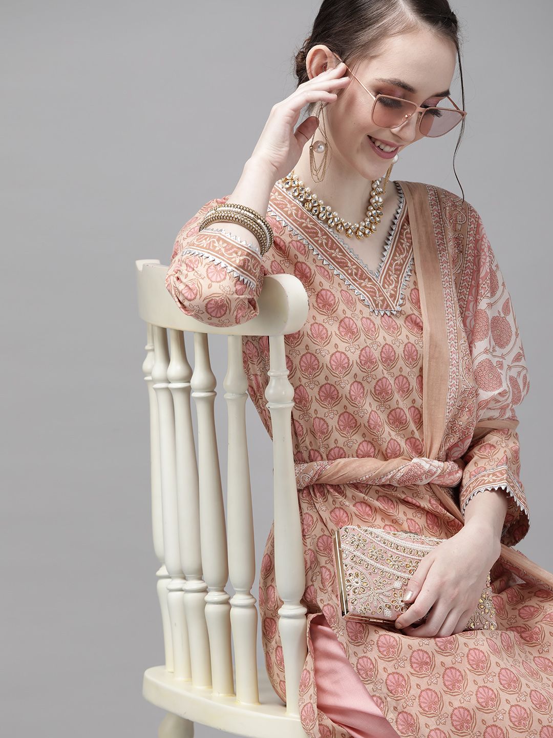 Indo Era Women Peach-Coloured & Pink Pure Cotton Printed Kurta with Trousers & Dupatta Price in India