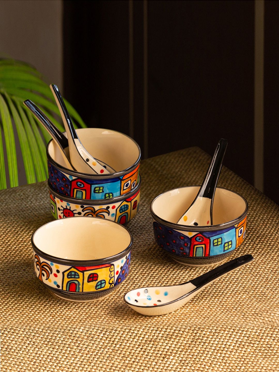 ExclusiveLane Set of 4 Cream-Coloured Navy Blue Printed Ceramic Soup Bowls With Spoon Price in India