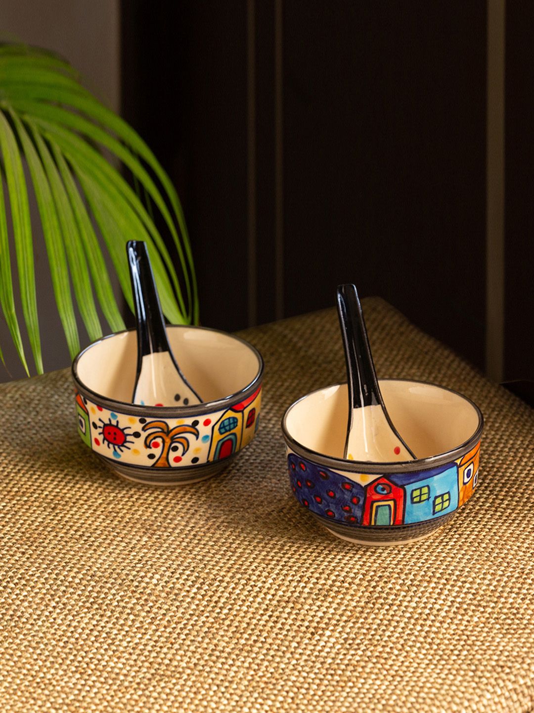 ExclusiveLane Set of 2 Cream-Coloured & Navy Blue Printed Ceramic Soup Bowl With Spoon Price in India