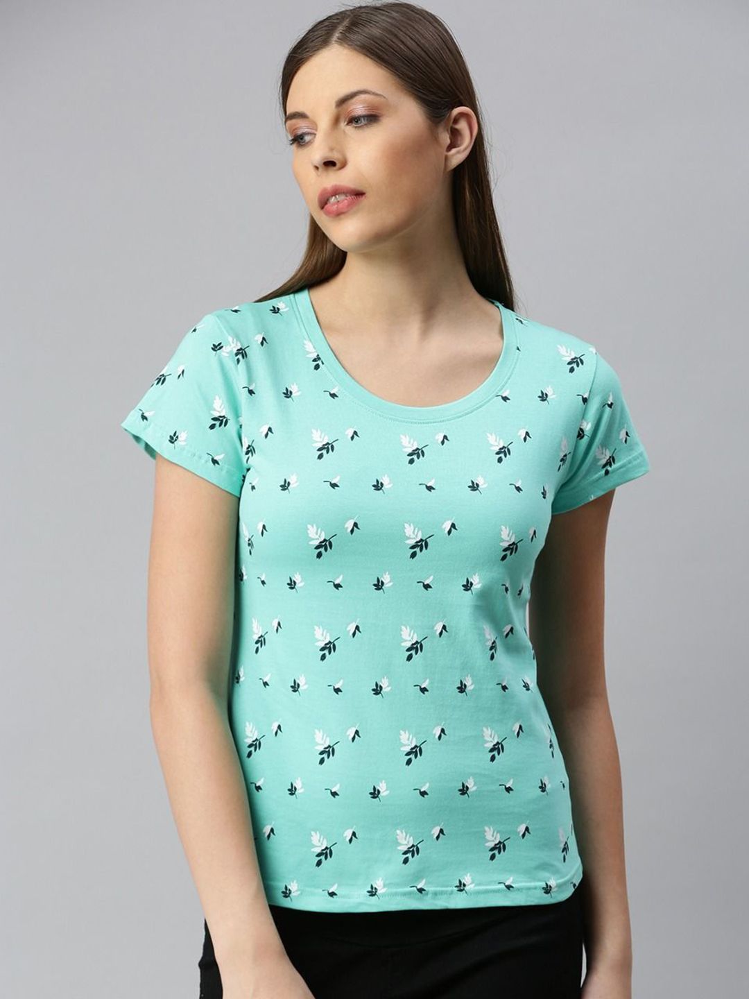 Kryptic Women Green Leaf Printed Pure Cotton Lounge T-Shirt Price in India