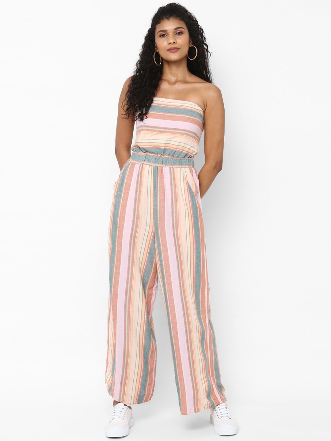 AMERICAN EAGLE OUTFITTERS Women Pink & Brown Striped Basic Jumpsuit Price in India
