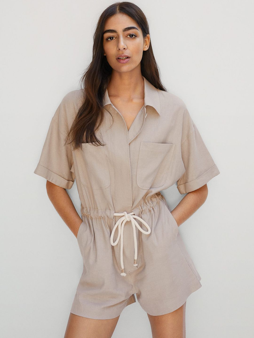 MANGO Beige Sustainable Solid Playsuit Price in India