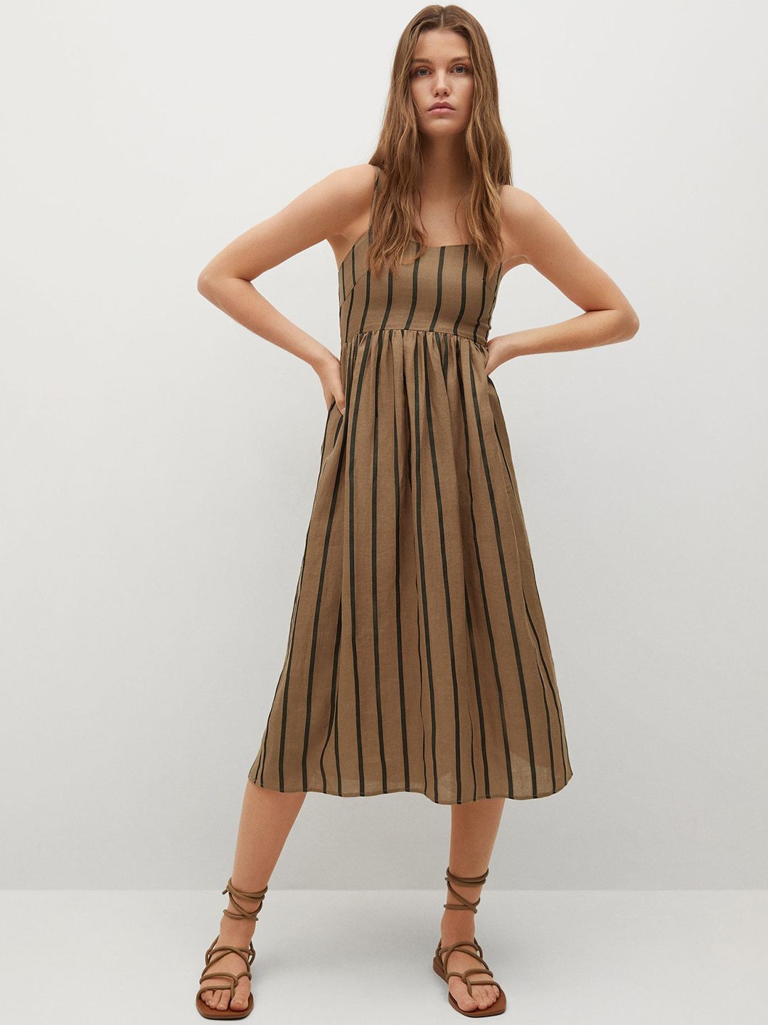MANGO Brown & Black Sustainable Striped Linen A-Line Midi Dress Price in India