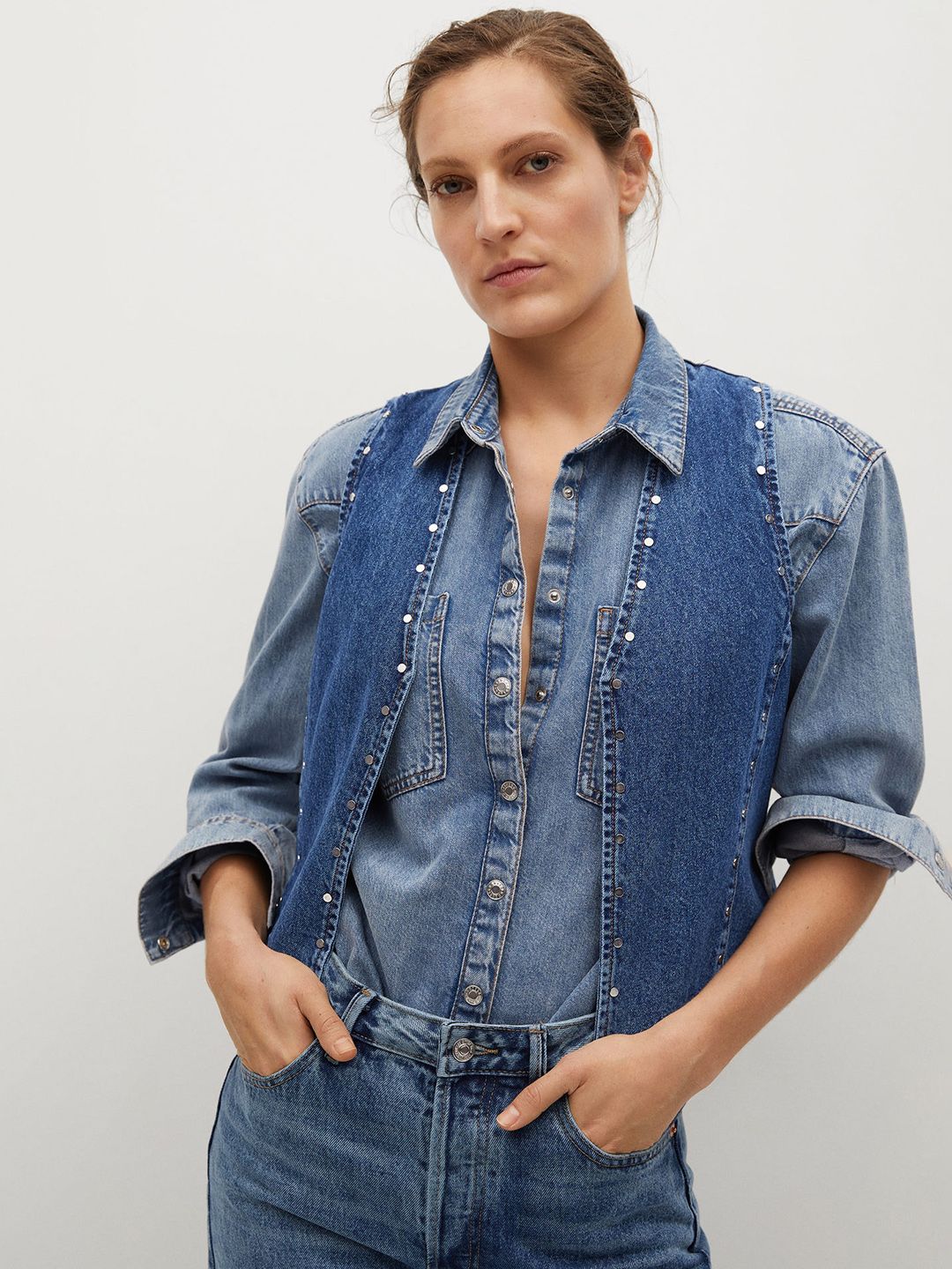 MANGO Women Blue Denim Pure Cotton Sustainable Waistcoat