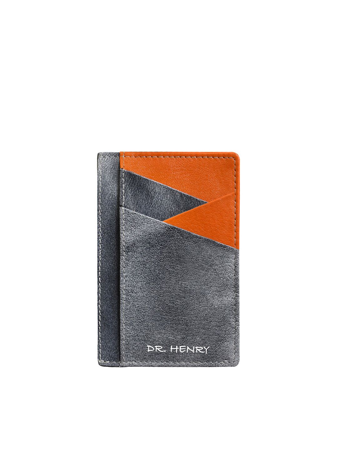 DR. HENRY Unisex Grey & Orange Colourblocked Leather Card Holder Price in India