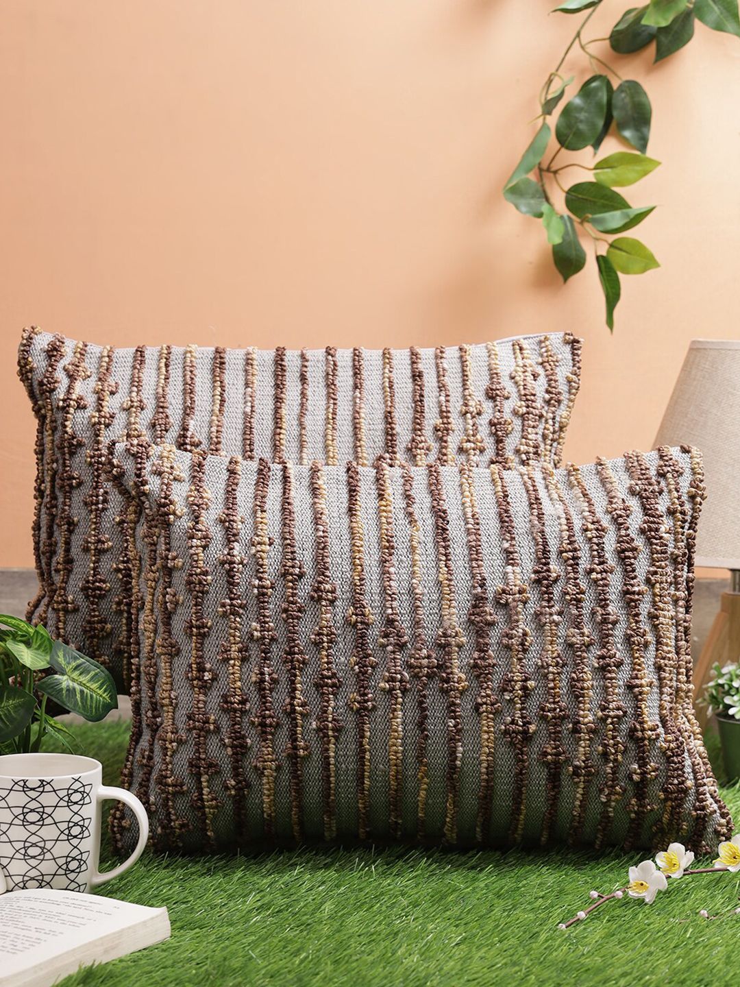 ROMEE Grey & Brown Set of 2 Striped Rectangle Cushion Covers Price in India