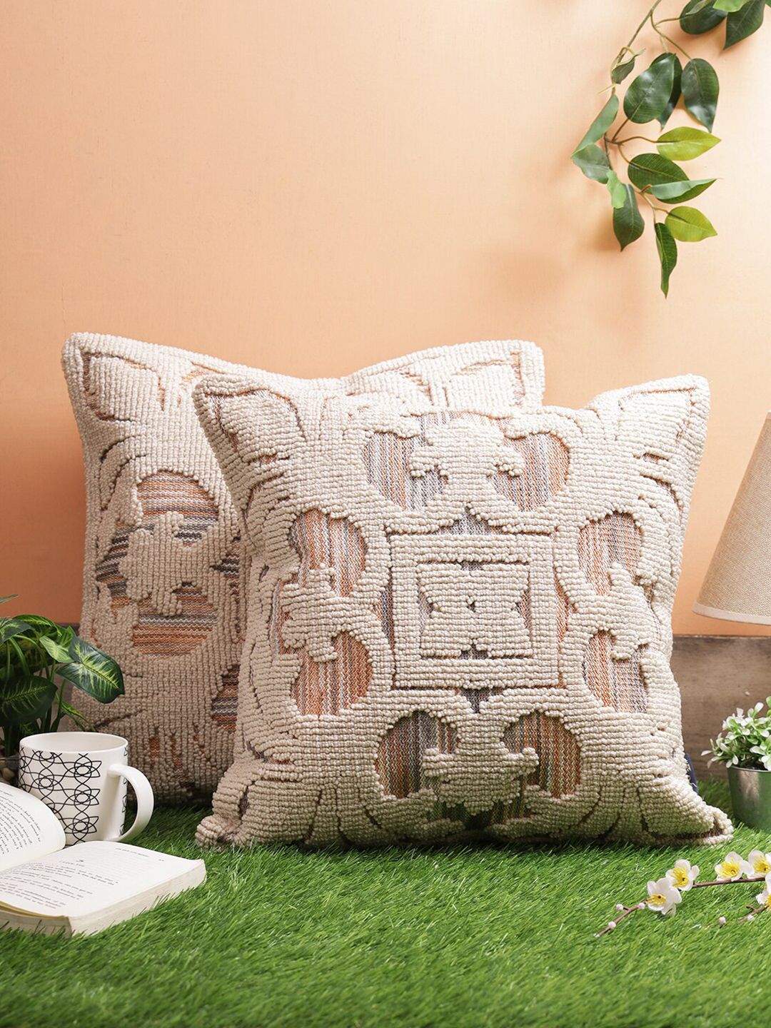 ROMEE Beige & Orange Set of 2 Ethnic Motifs Square Cushion Covers Price in India