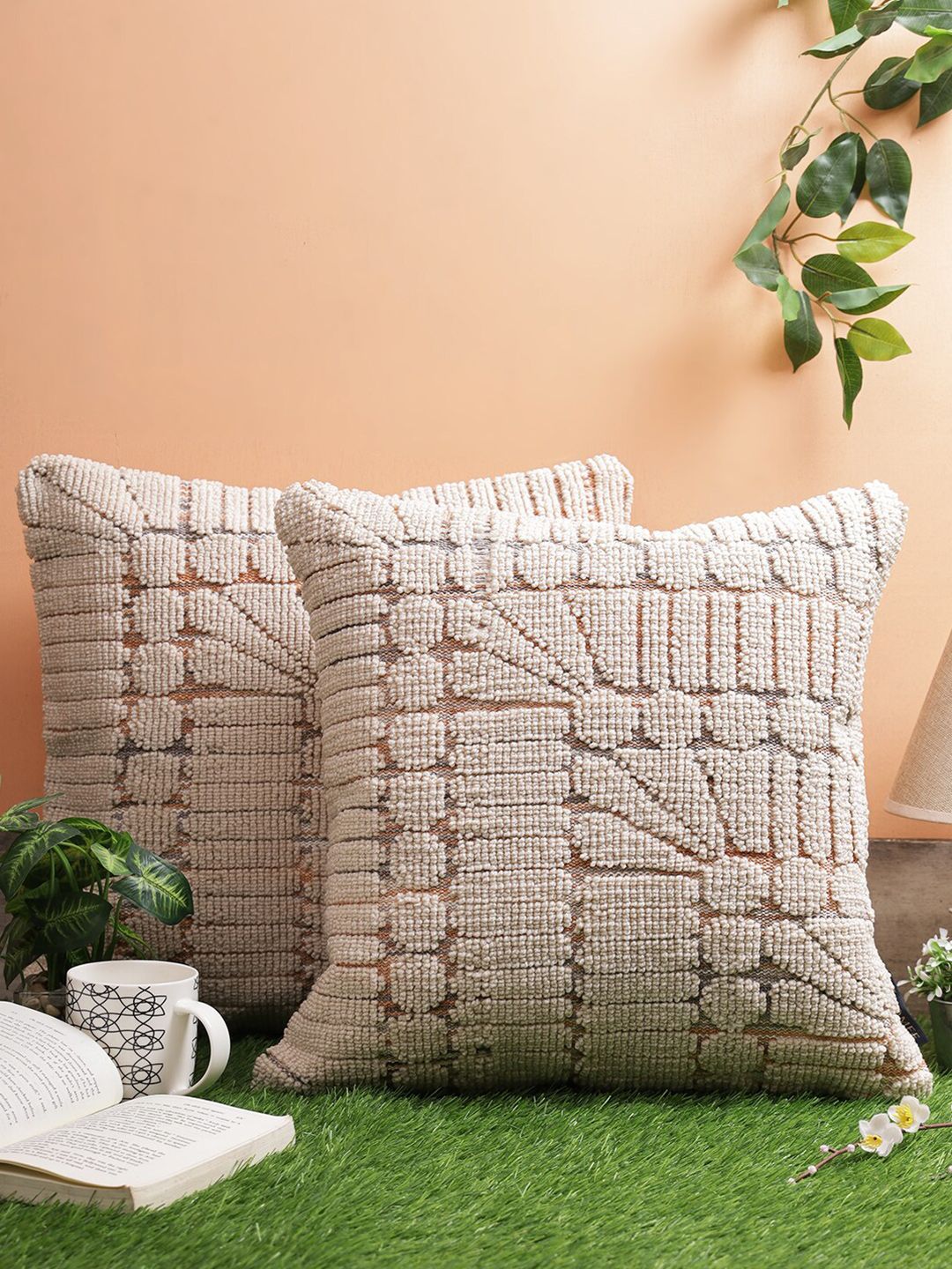 ROMEE Beige Set of 2 Self Design Square Cushion Covers Price in India