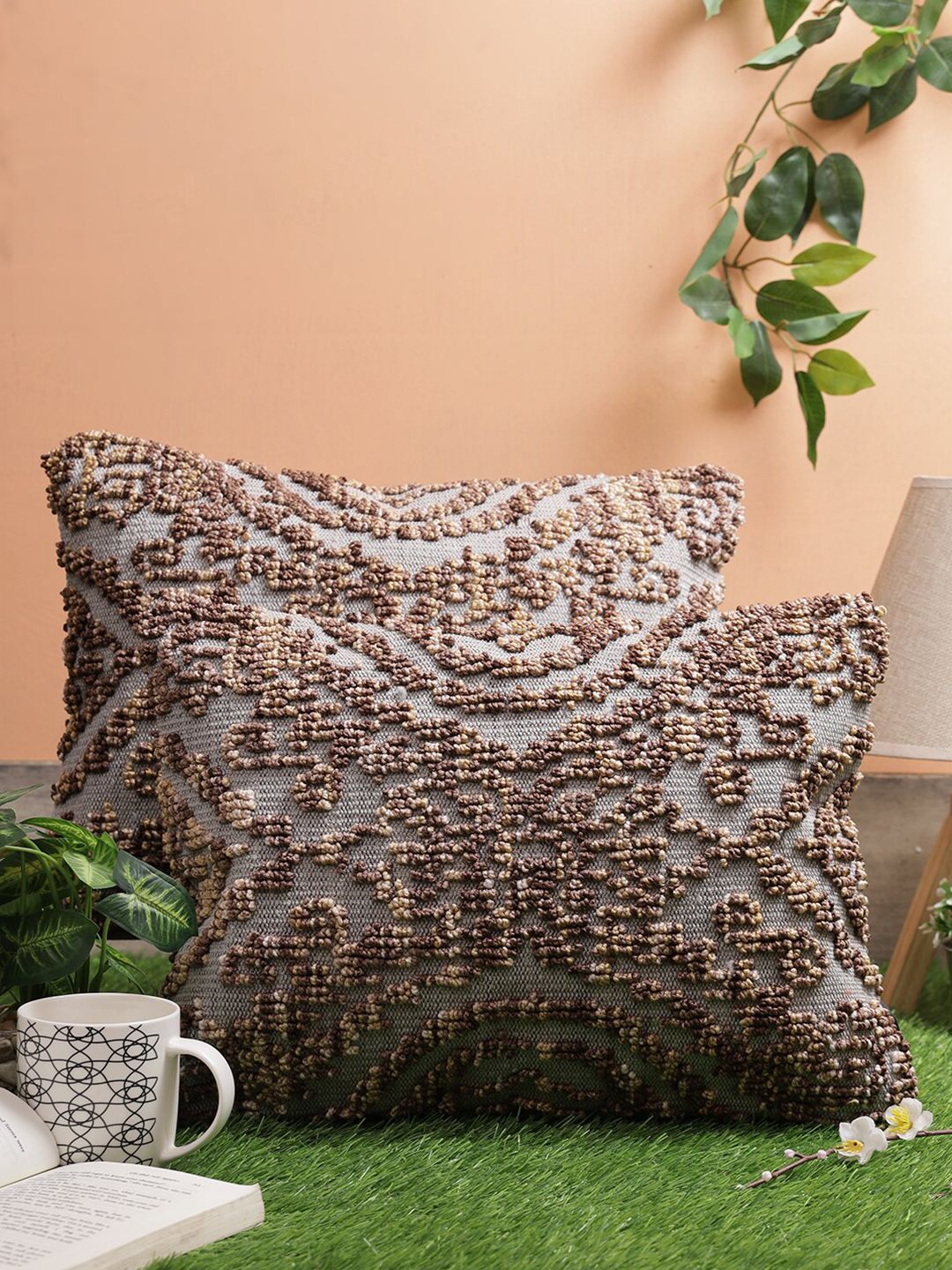 ROMEE Grey & Brown Set of 2 Self Design Rectangle Cushion Covers Price in India