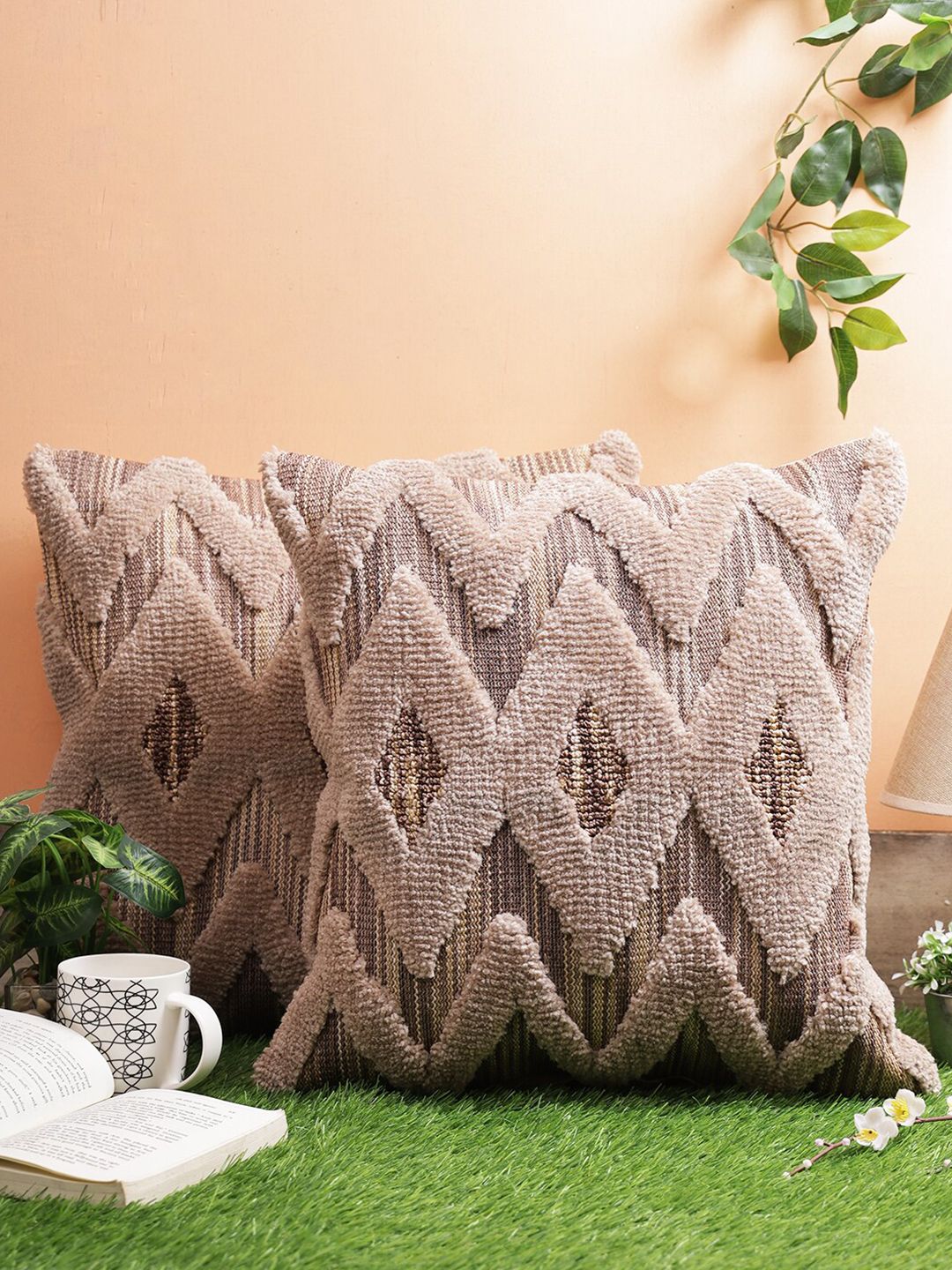 ROMEE Brown & Beige Set of 2 Self Design Square Cushion Covers Price in India