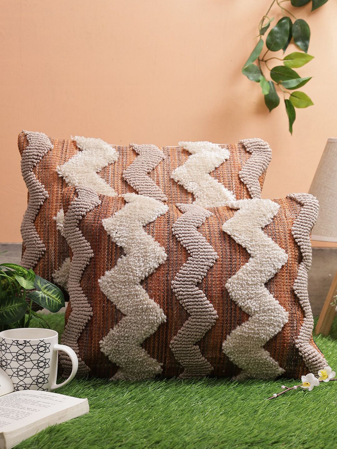 ROMEE Beige & Brown Set of 2 Self Design Rectangle Cushion Covers Price in India