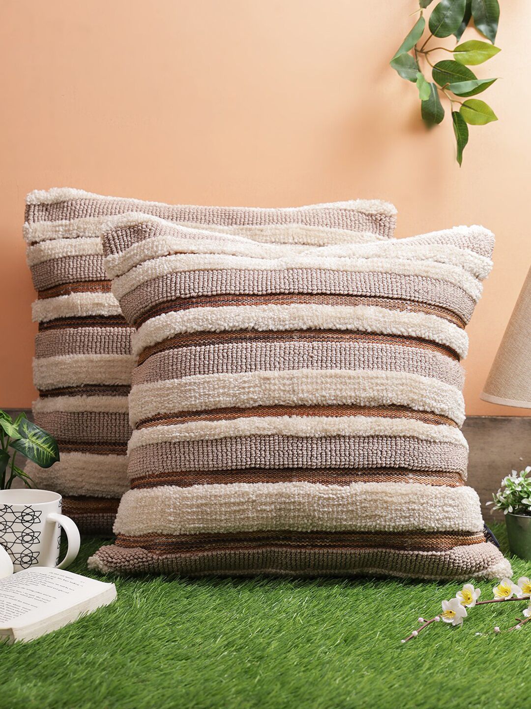 ROMEE Beige & Brown Set of 2 Striped Square Cushion Covers Price in India