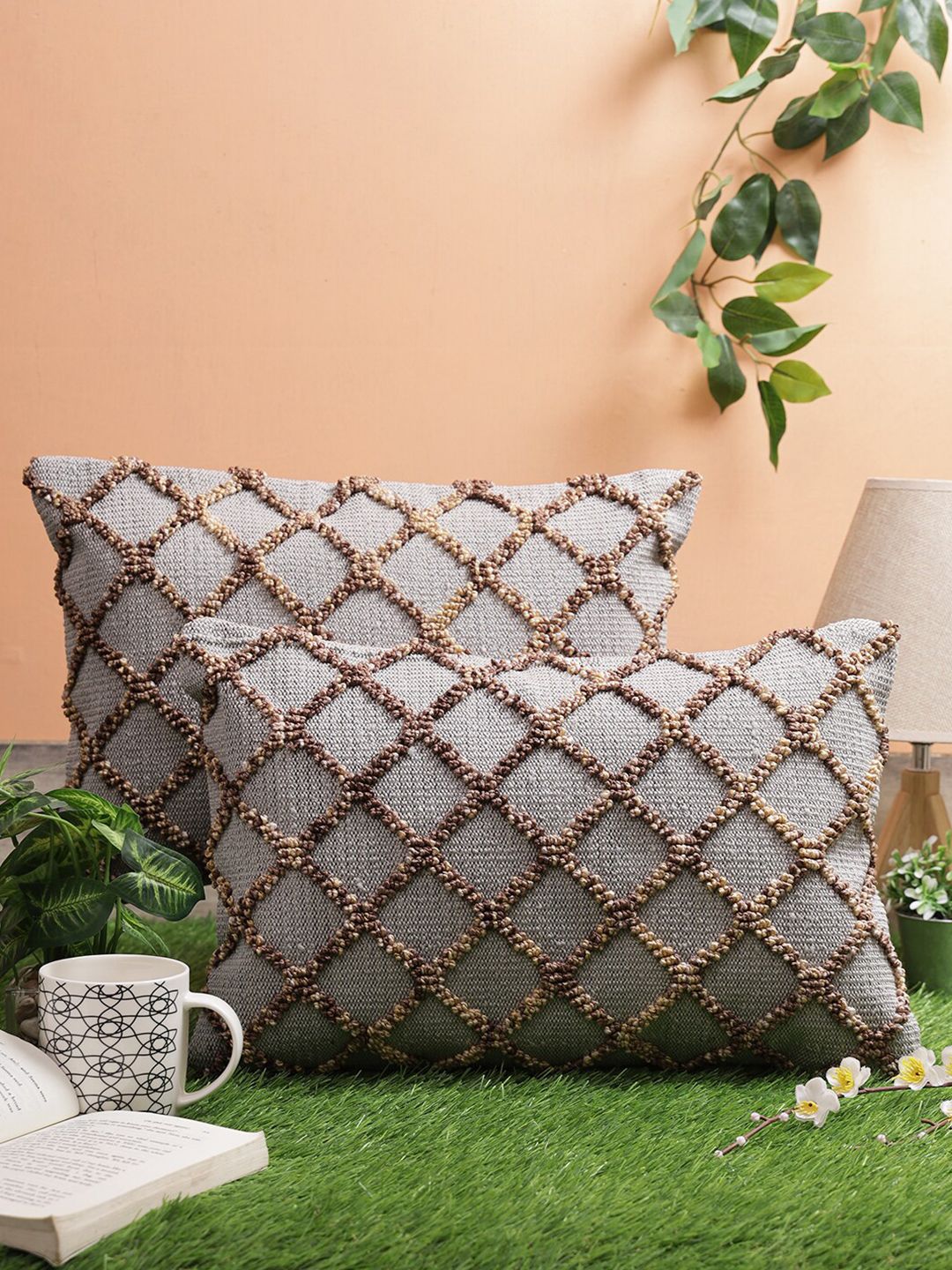 ROMEE Grey & Brown Set of 2 Checked Rectangle Cushion Covers Price in India