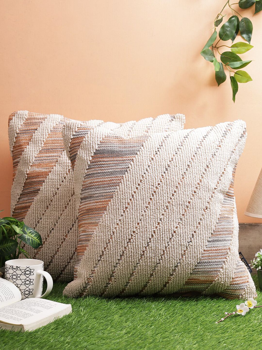 ROMEE Beige & Orange Set of 2 Striped Square Cushion Covers Price in India