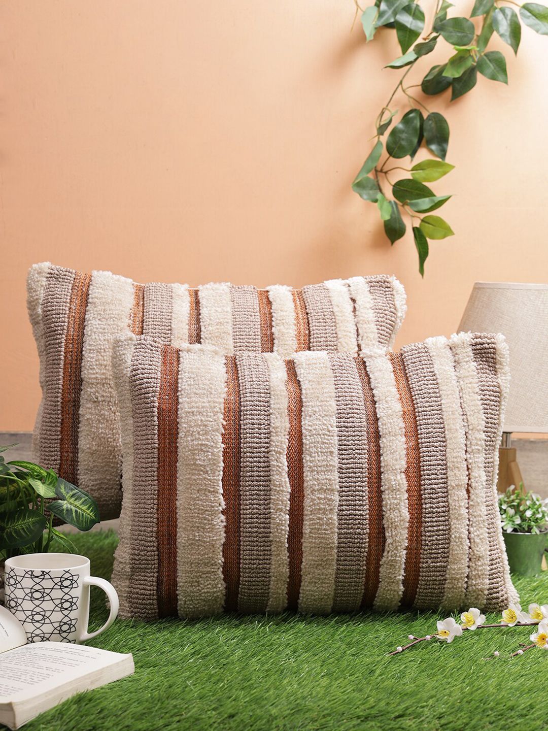 ROMEE Beige & Brown Set of 2 Striped Rectangle Cushion Covers Price in India