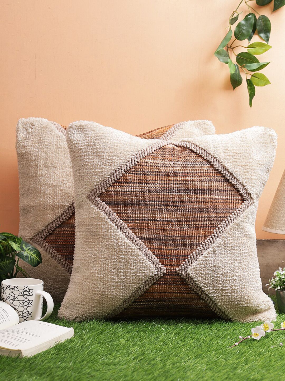 ROMEE Brown & White Set of 2 Self Design Square Cushion Covers Price in India