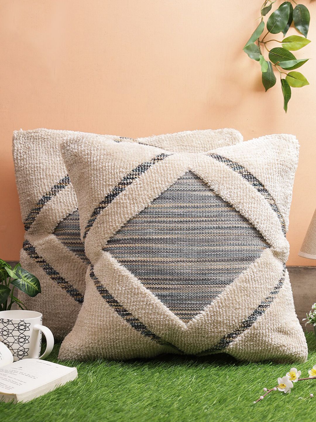 ROMEE Beige & Grey Set of 2 Geometric Square Cushion Covers Price in India