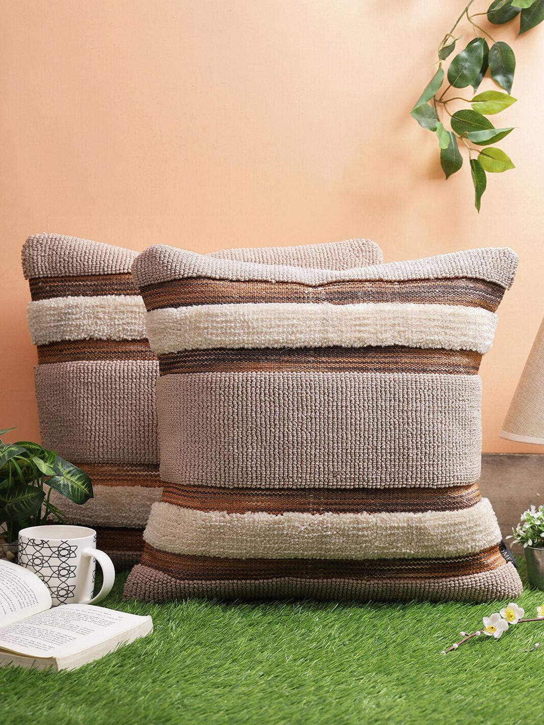 ROMEE Brown & Beige Set of 2 Striped Square Cushion Covers Price in India