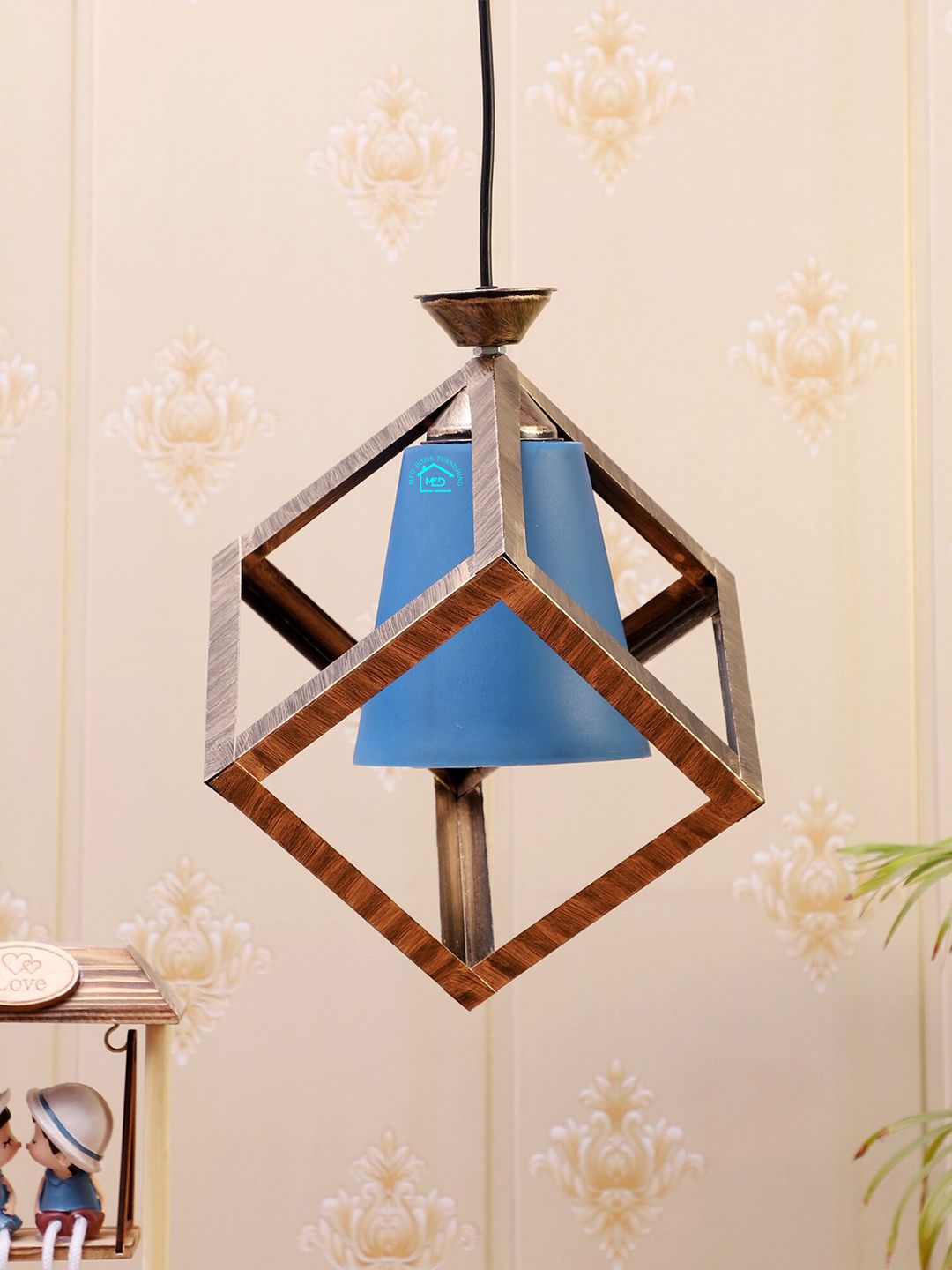 MFD HOME FURNISHING Blue & Gold-Toned Self Design Quirky Hanging Lamp Price in India