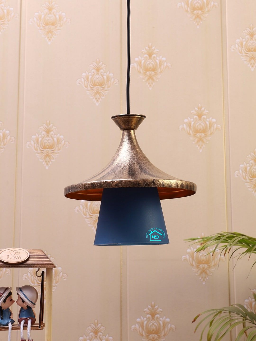 MFD HOME FURNISHING Gold-Toned & Blue Self Design Quirky Hanging Lantern Price in India