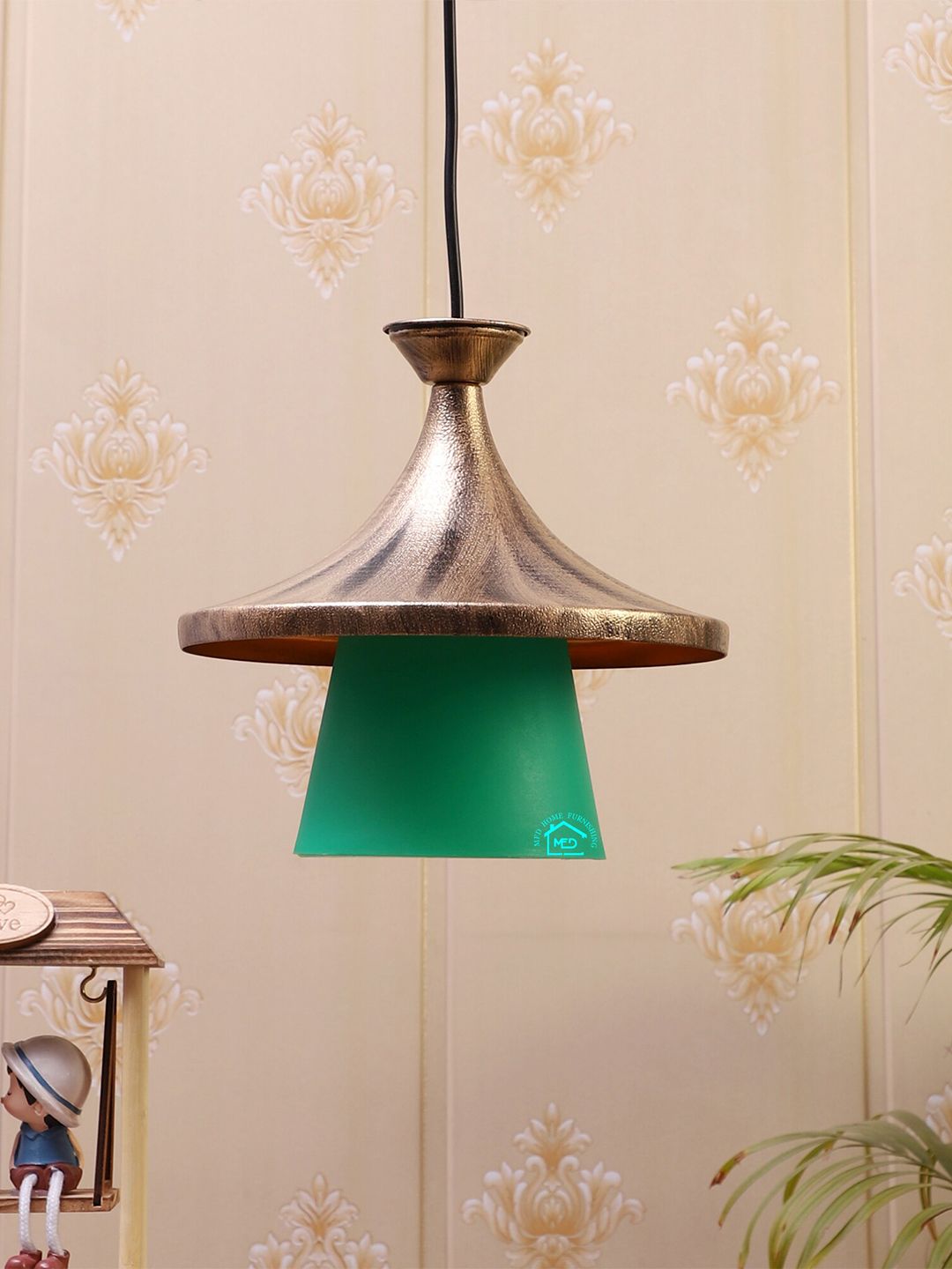 MFD HOME FURNISHING Gold-Toned & Green Textured Quirky Pendant Lamp Price in India