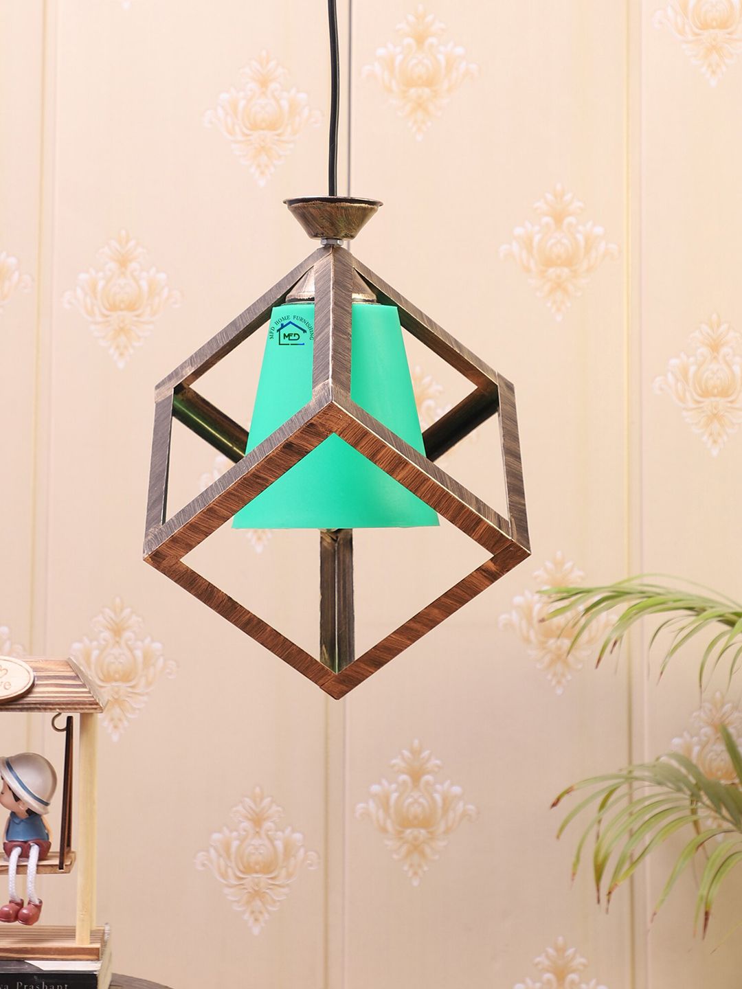MFD HOME FURNISHING Brown & Sea Green Self Design Quirky Hanging Lamp Price in India