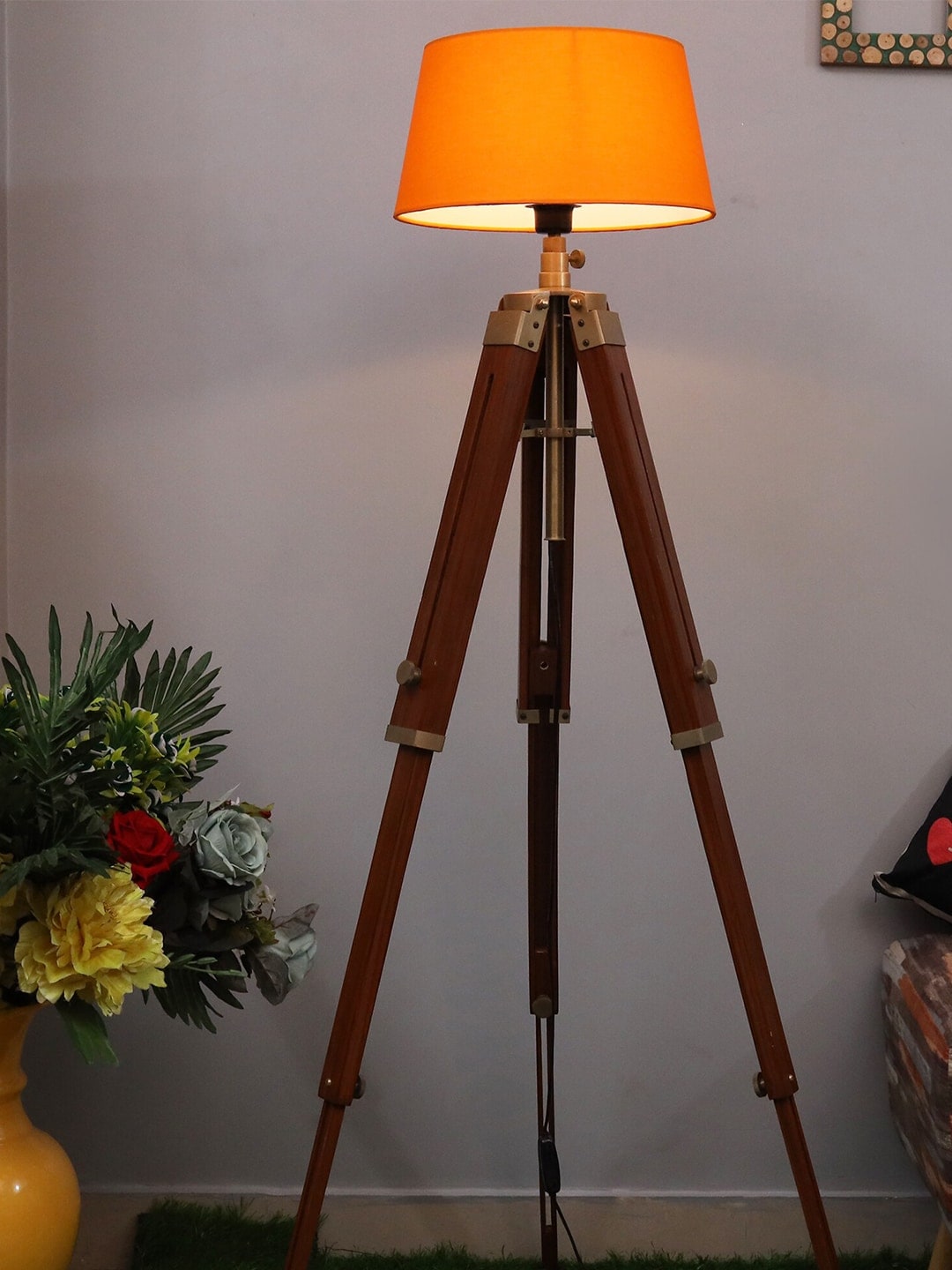 Homesake Brown & Orange Solid Contemporary Tripod Lamp Price in India