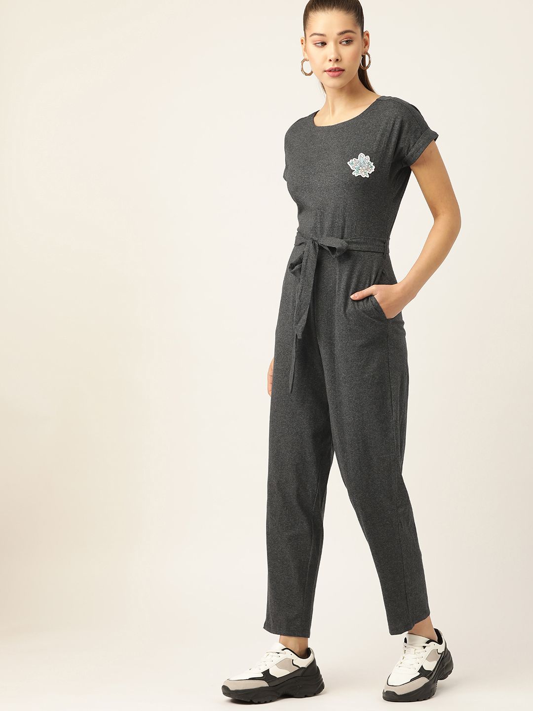 DressBerry Charcoal Solid Sustainable & Recycled Basic Jumpsuit with Applique Details Price in India