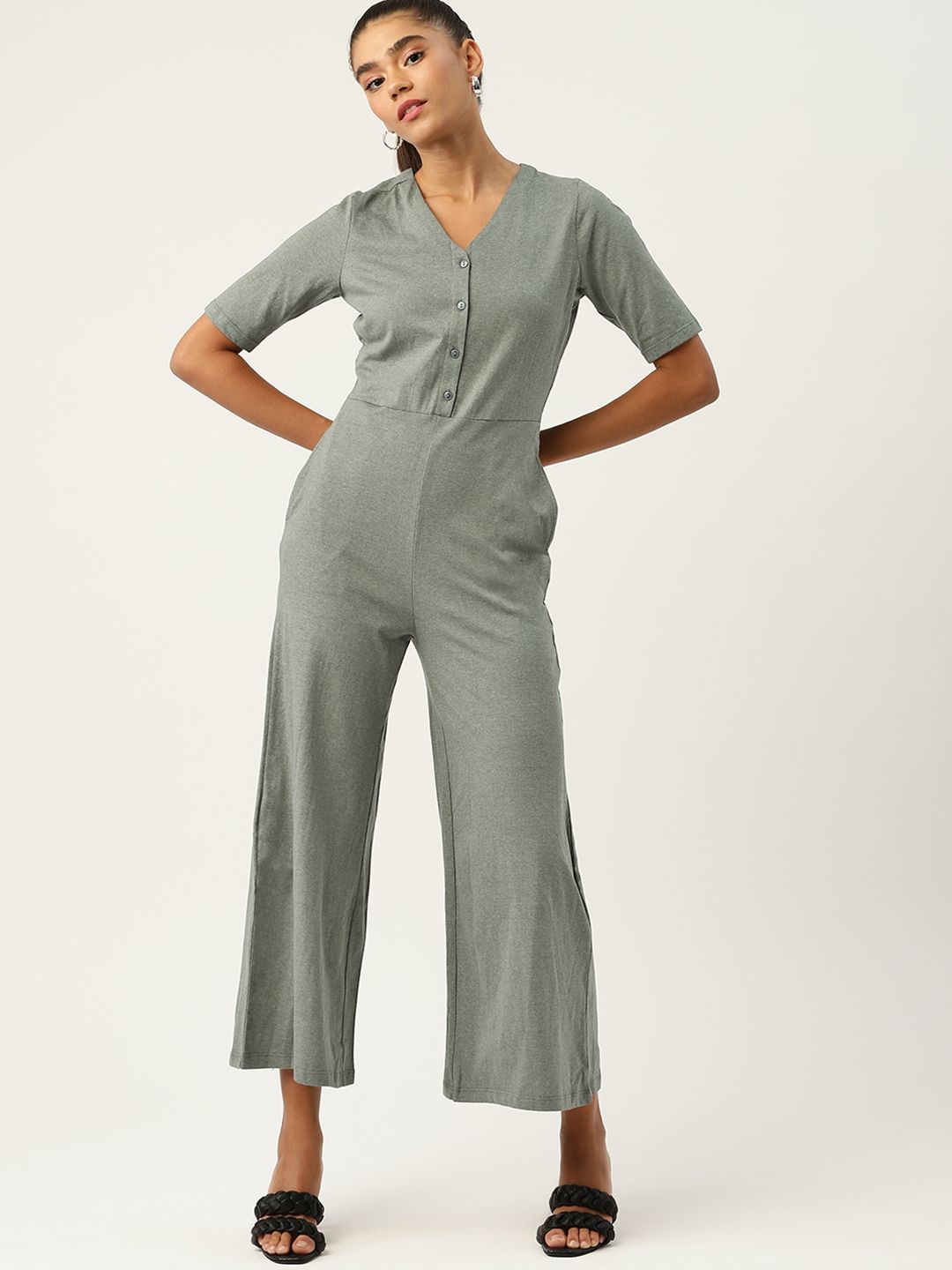 DressBerry Women Grey With A Tinge Of Green Solid Jumpsuit Price in India