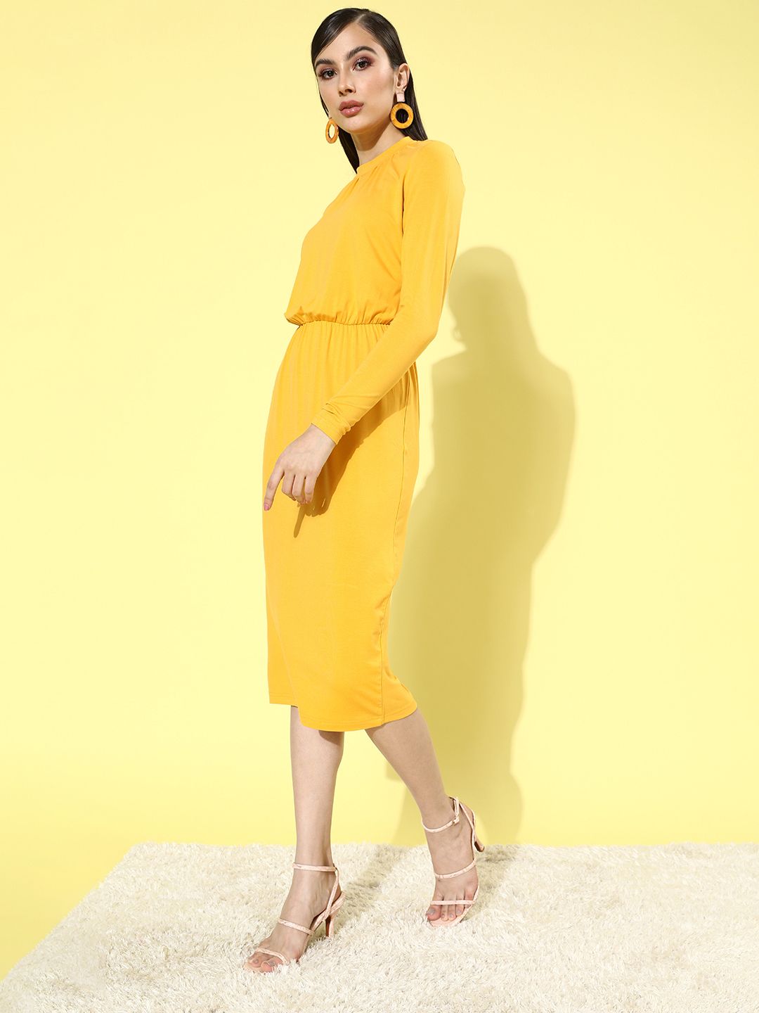 DressBerry Women Stylish Mustard Solid Knitted Dress Price in India