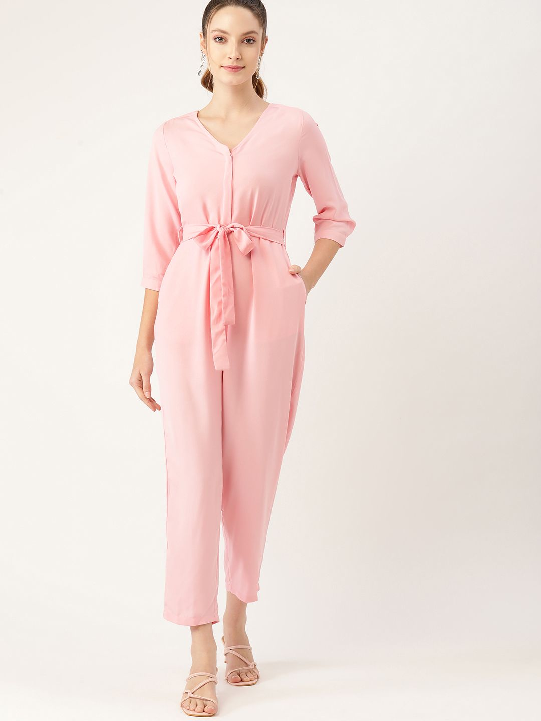 DressBerry Pink Cropped Basic Jumpsuit With Waist Tie-Ups Price in India