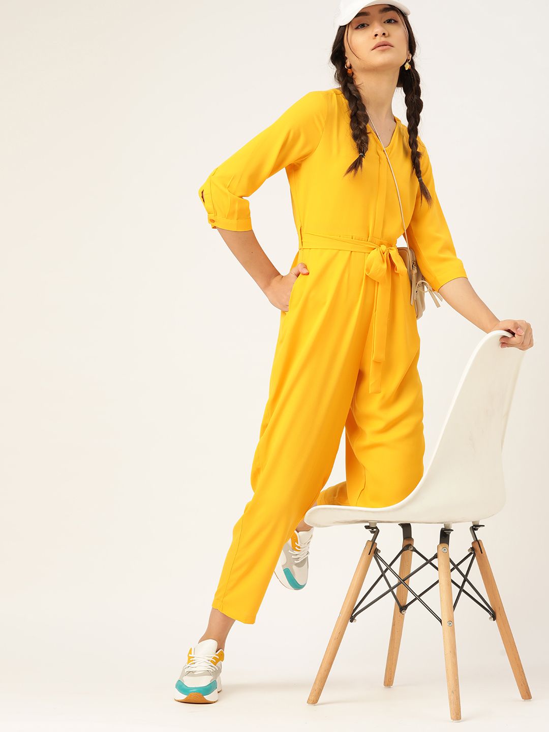 DressBerry Yellow Solid Basic Jumpsuit Price in India