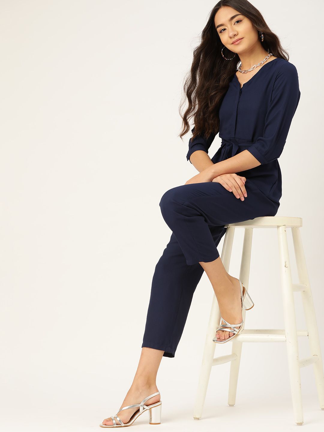 DressBerry Navy Blue Solid Basic Jumpsuit Price in India