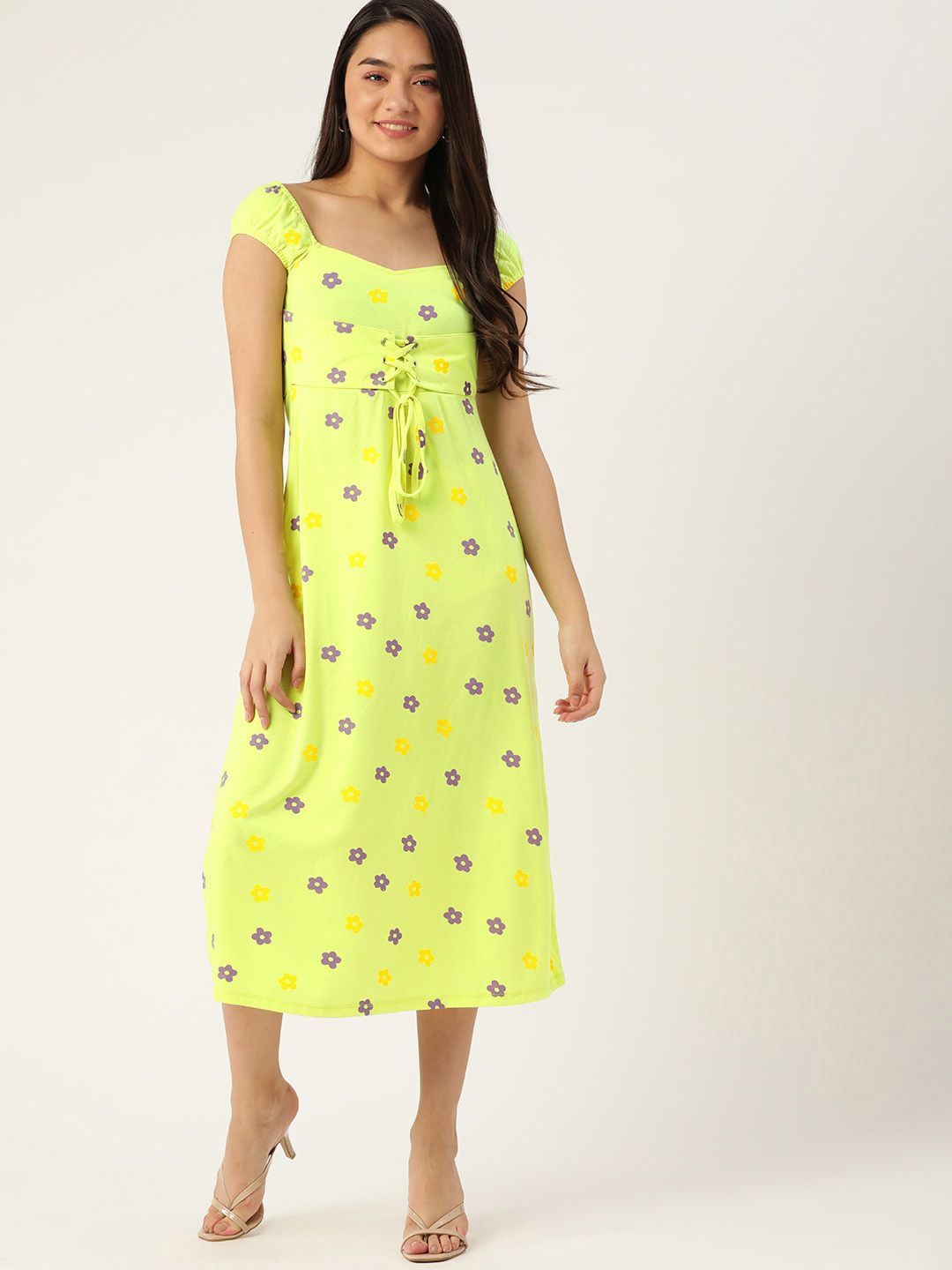 DressBerry Women Yellow & Purple Floral A-Line Midi Dress Price in India