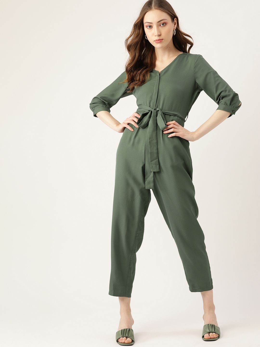 DressBerry Olive Green Cropped Basic Jumpsuit With Waist Tie-Ups Price in India