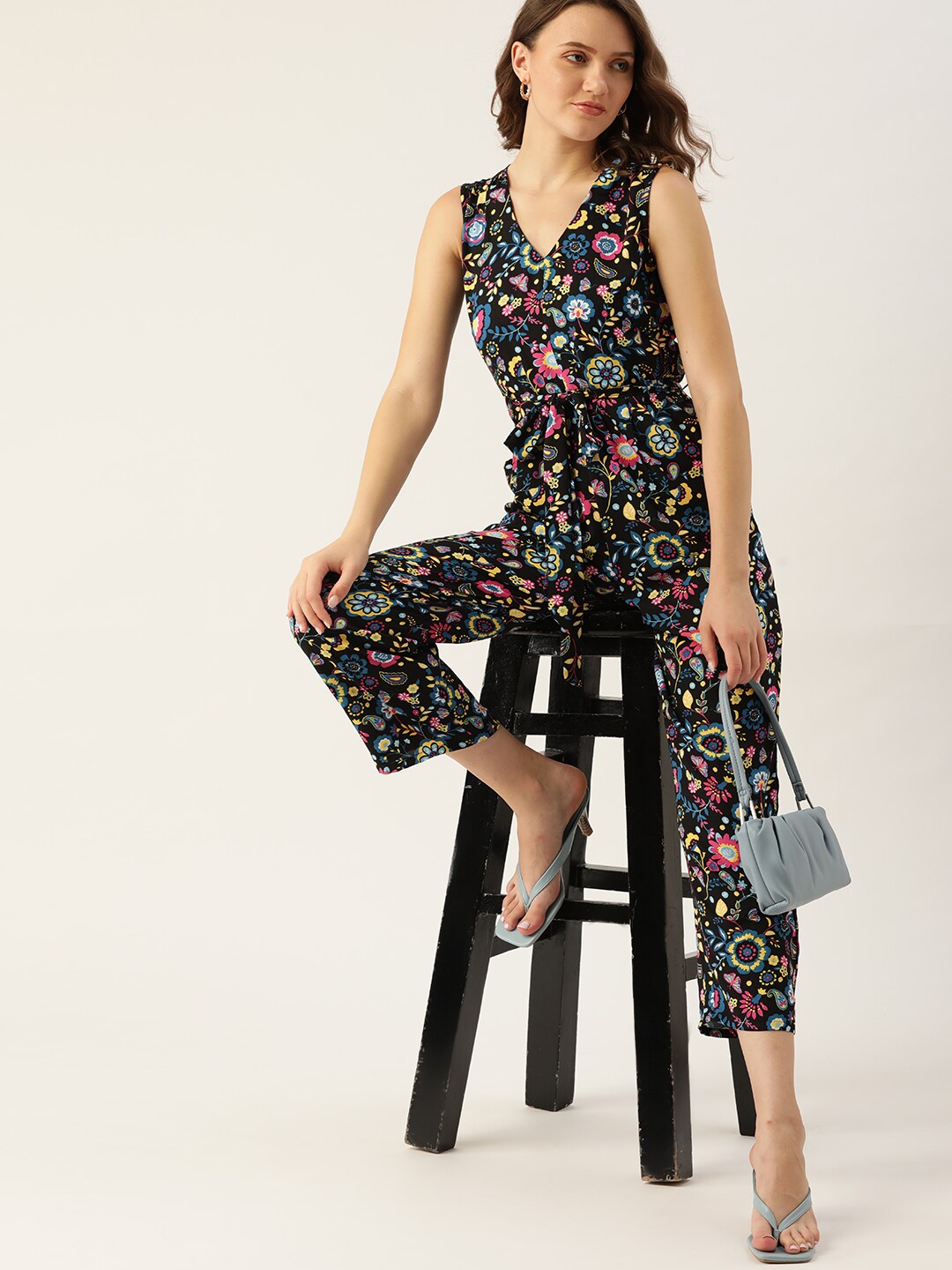 DressBerry Women Black & Pink Printed Basic Jumpsuit Price in India
