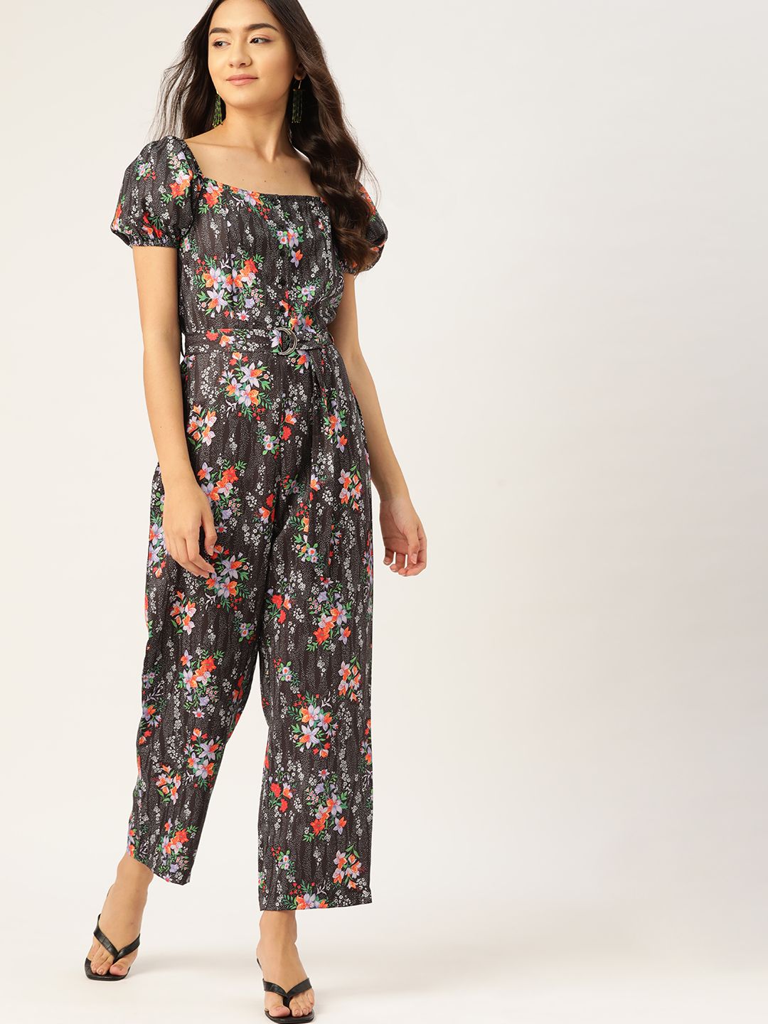 DressBerry Black & Red Floral Printed Basic Jumpsuit Price in India