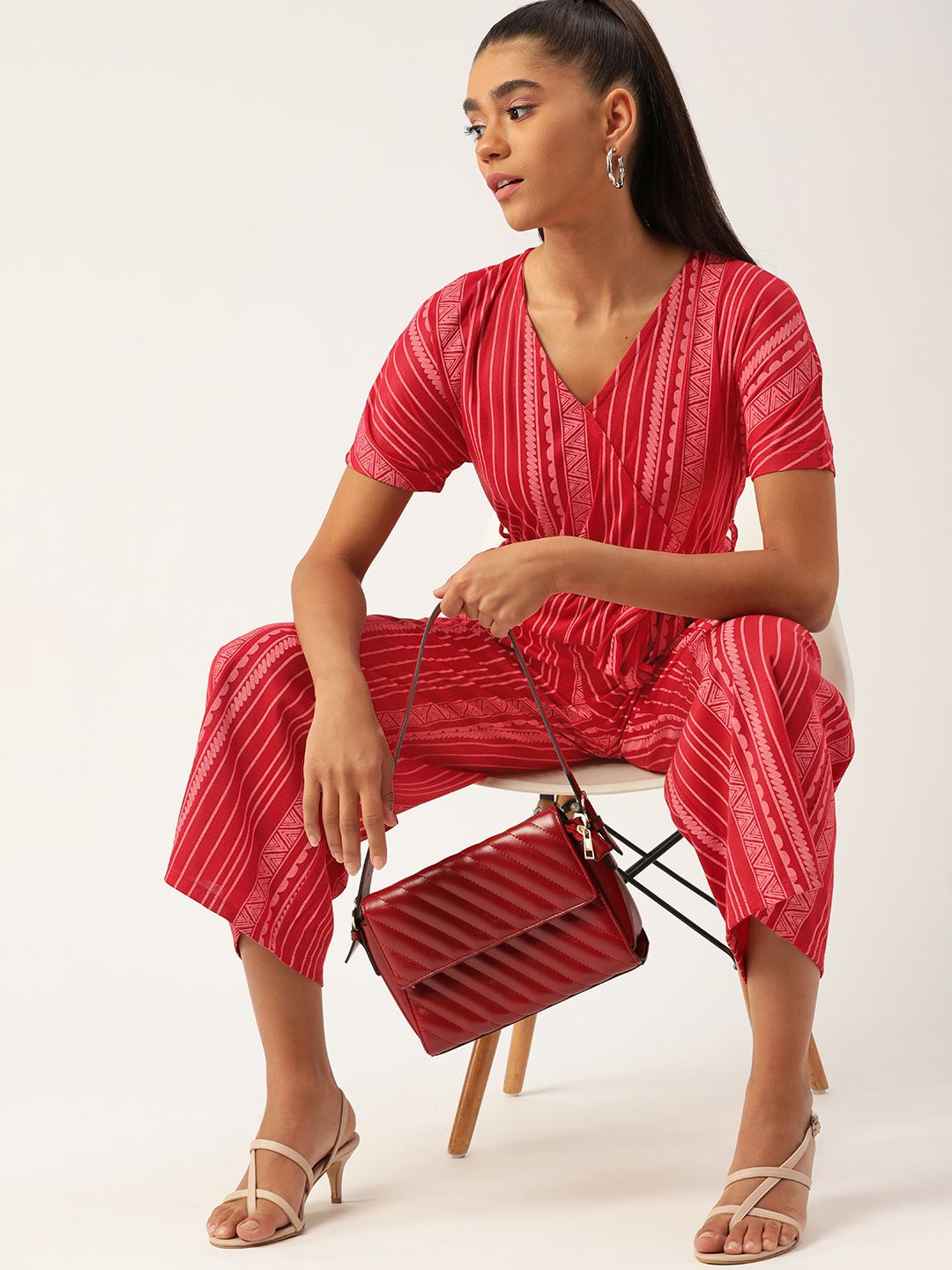 DressBerry Women Red Geometric Print Basic Jumpsuit Price in India