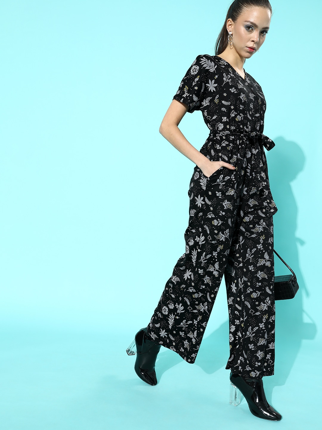 DressBerry Women Stylish Black Printed Belted Jumpsuit Price in India