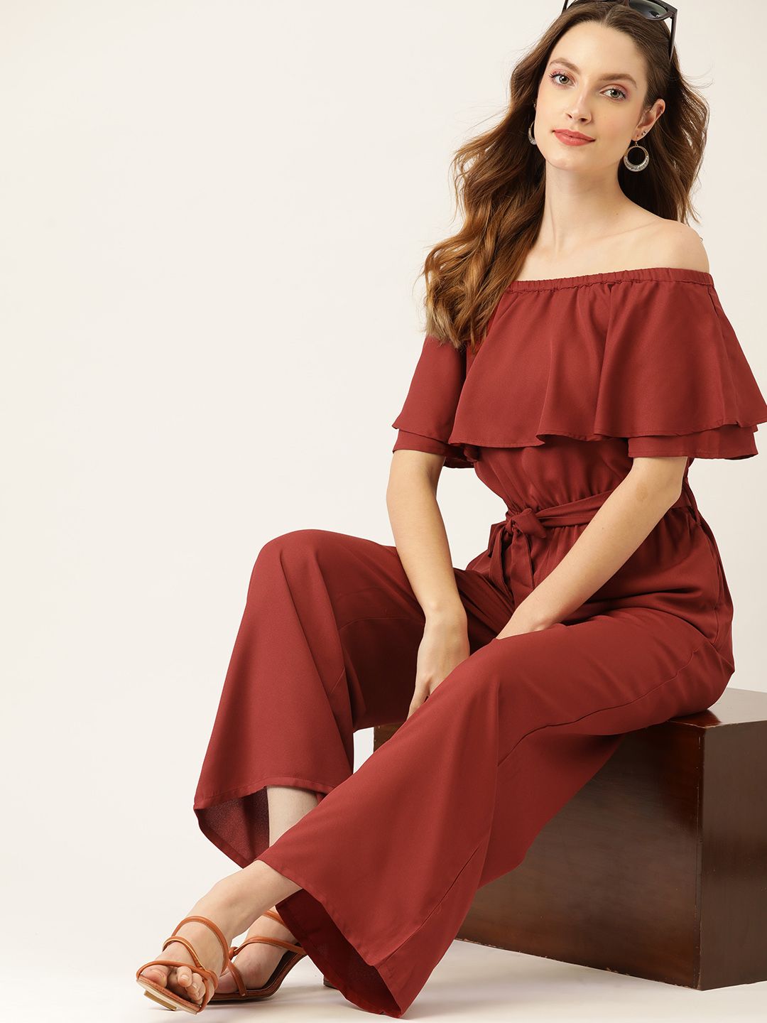 DressBerry Women Rust Orange Solid Off-Shoulder Layered Basic Jumpsuit Price in India