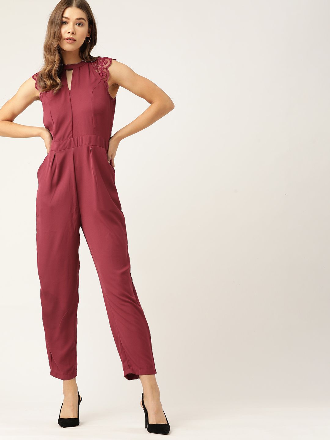 DressBerry Burgundy Solid Basic Jumpsuit with Lace Up & Cut-Out Detail Price in India
