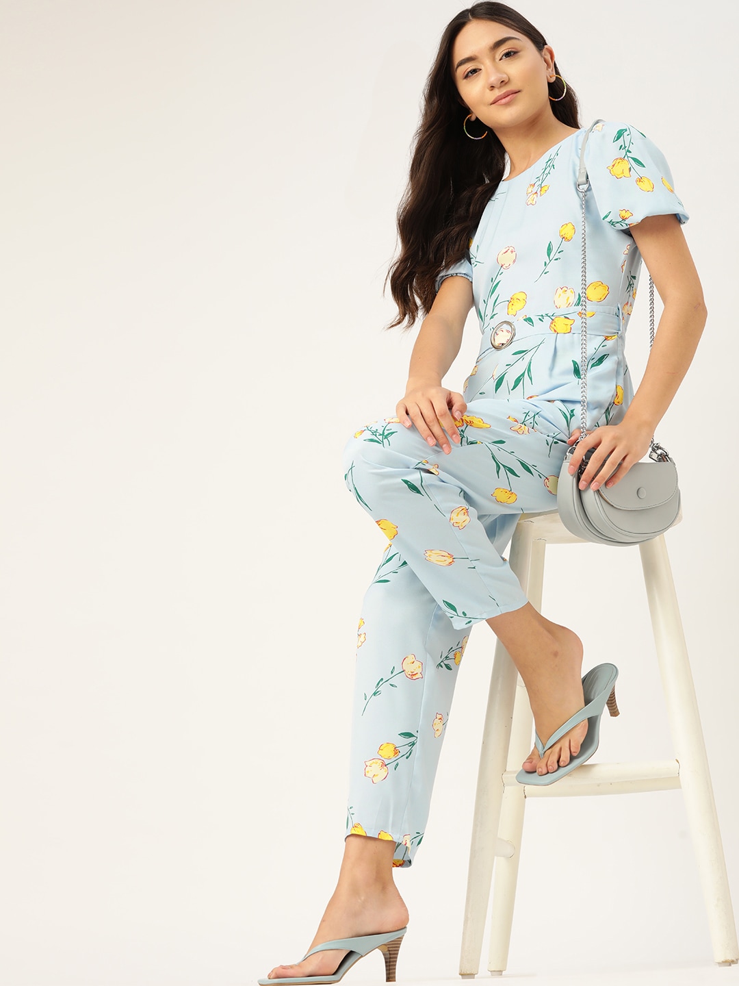 DressBerry Blue & Yellow Floral Printed Basic Jumpsuit Price in India
