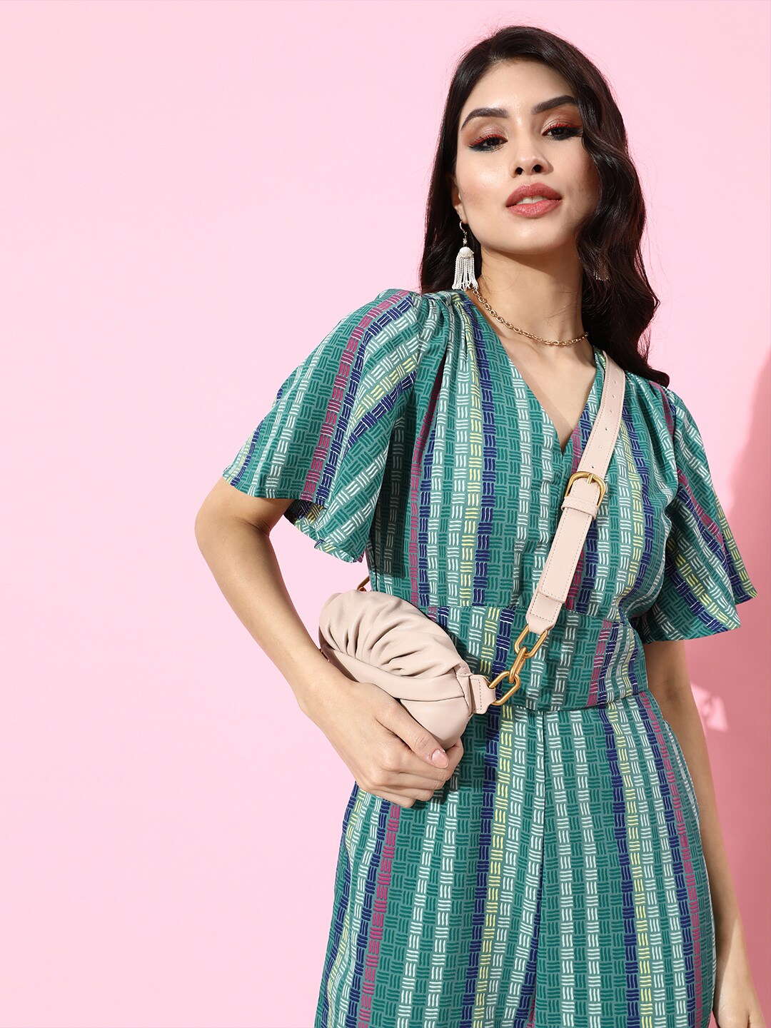 DressBerry Green & Blue Striped V-neck Basic Jumpsuit Price in India