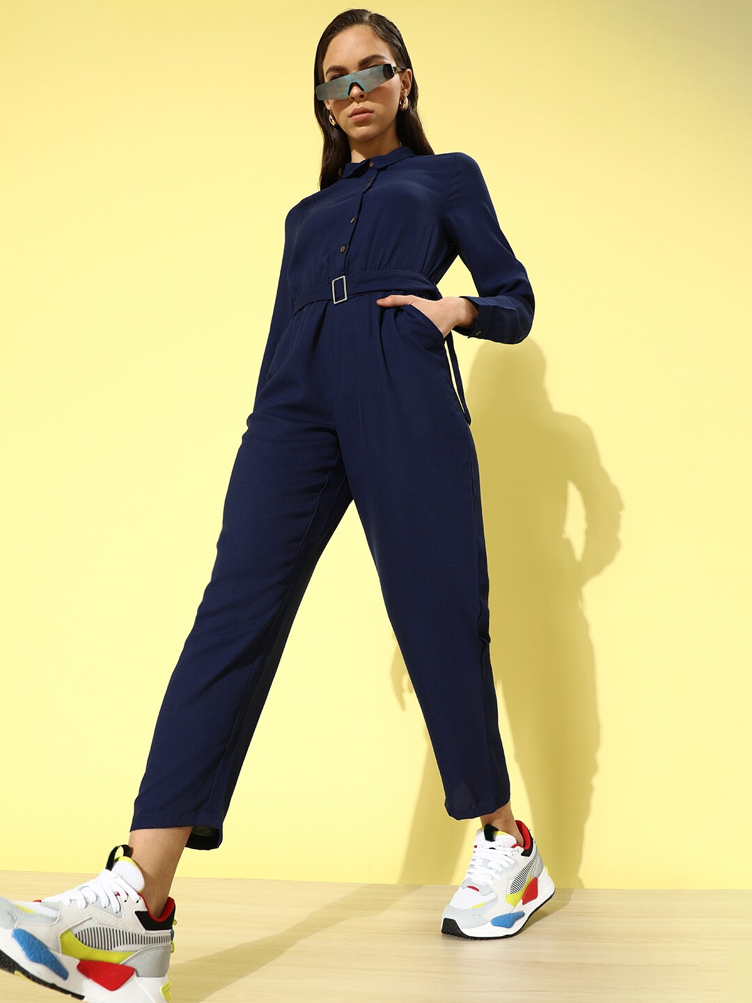 DressBerry Women Deep Navy Blue Solid Boiler Jumpsuit Price in India