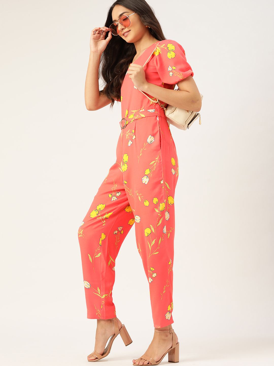 DressBerry Coral Pink & Yellow Floral Printed Basic Jumpsuit Price in India